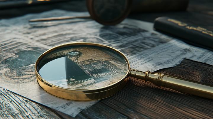 Close-up of antique gold magnifying glass on aged newspaper