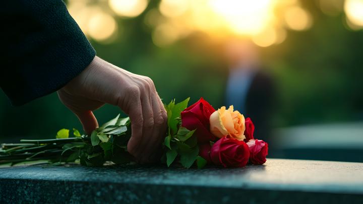 a hand placing colorful roses on a memorial stone during sunset