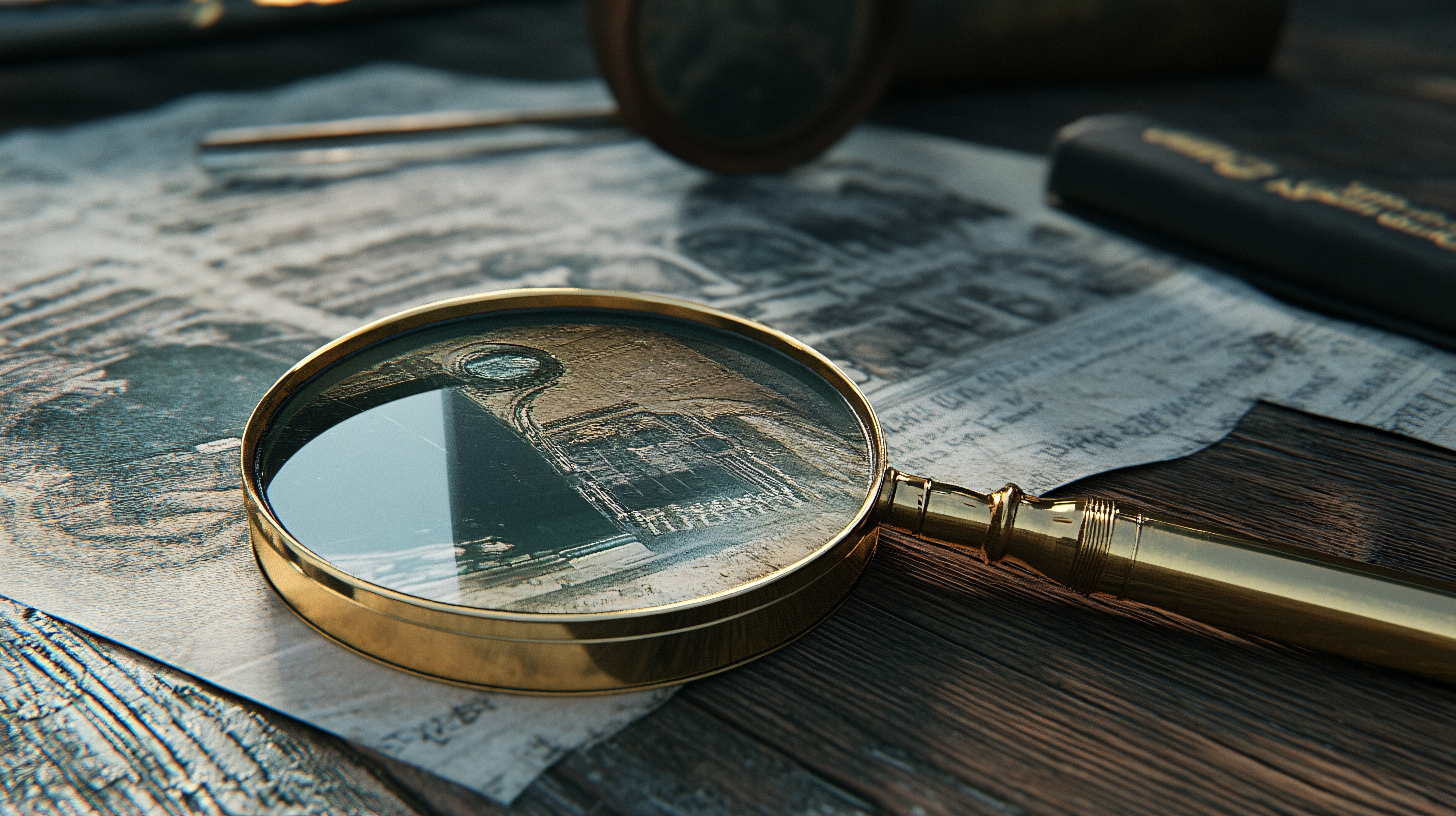 Close-up of antique gold magnifying glass on aged newspaper