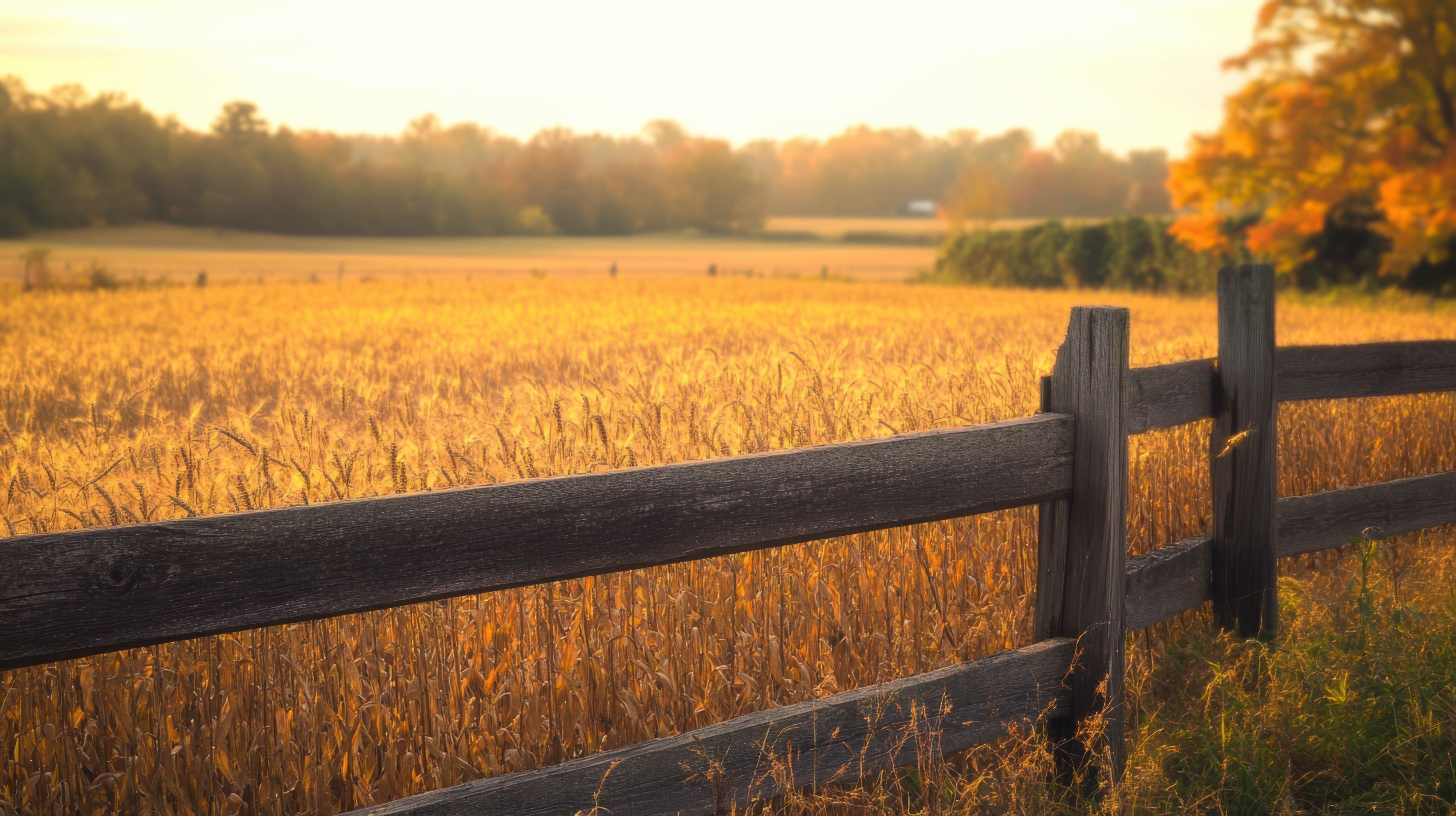A serene autumn field with a rustic wooden fence