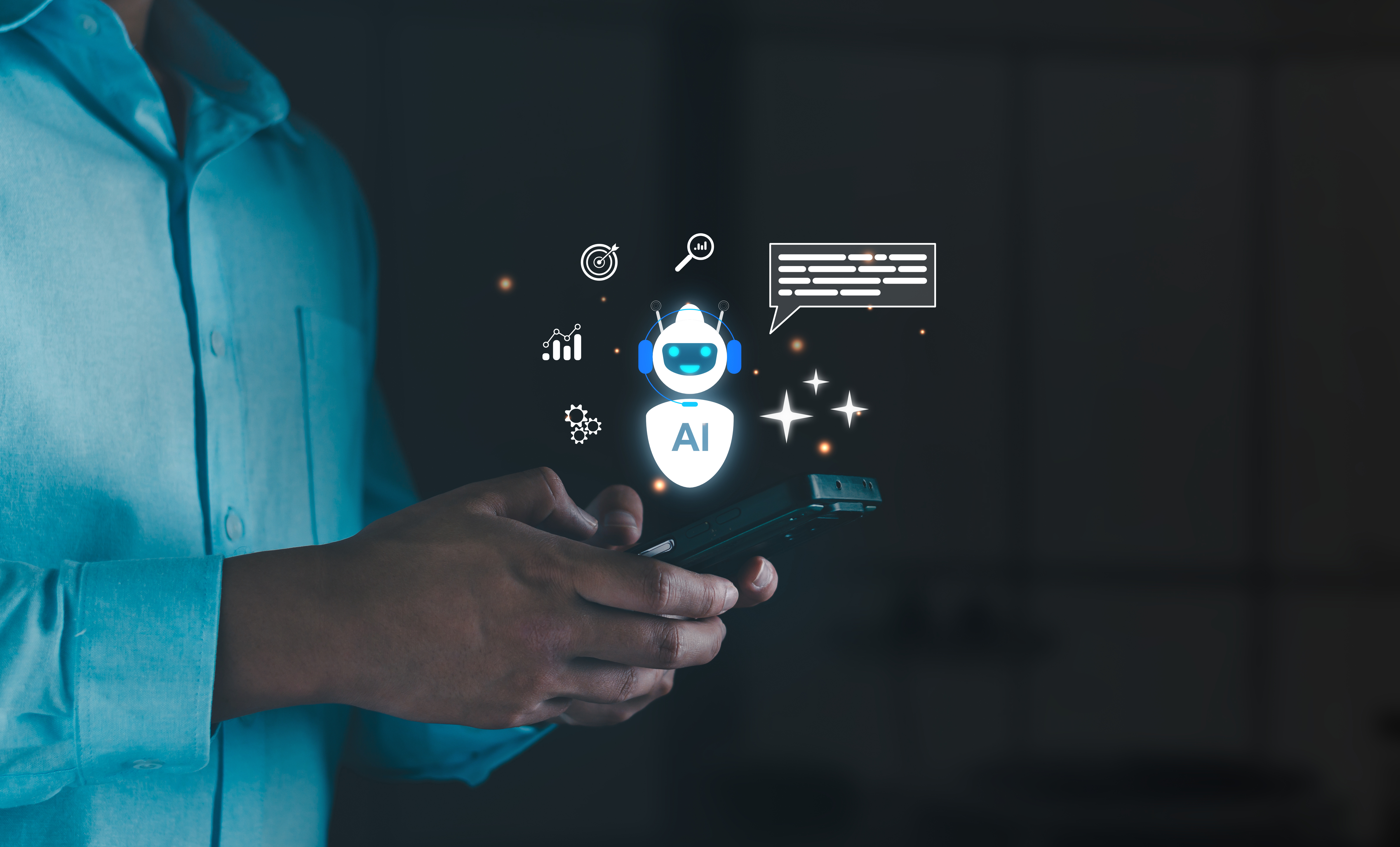 Hands holding a smartphone with AI chatbot. digital graphs, gears, targets, and a speech bubble, mobile artificial intelligence assistance, personal cognition, and business analytics