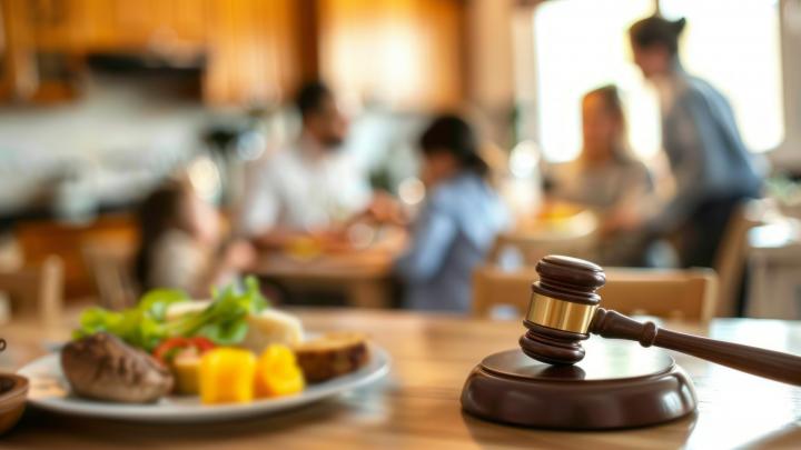 Gavel family dinner conflict legal dispute. Blurred family eating dinner with a gavel in the foreground, suggesting conflict