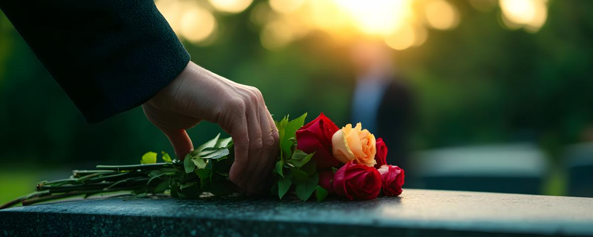 a hand placing colorful roses on a memorial stone during sunset