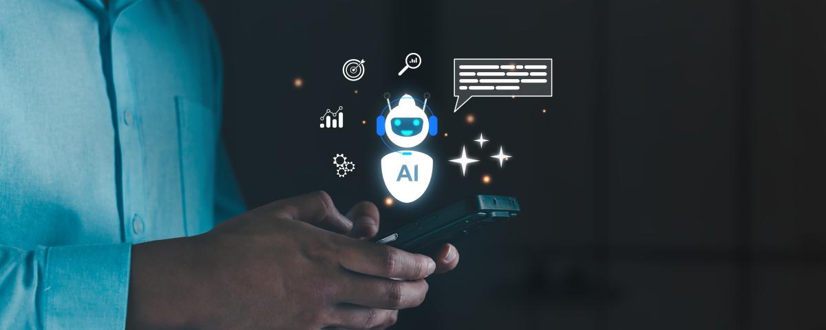 Hands holding a smartphone with AI chatbot. digital graphs, gears, targets, and a speech bubble, mobile artificial intelligence assistance, personal cognition, and business analytics